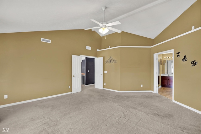 10267 Ranford Blvd, Fishers, IN 46040 - empty room featuring high vaulted ceiling, a ceiling fan, and light colored carpet