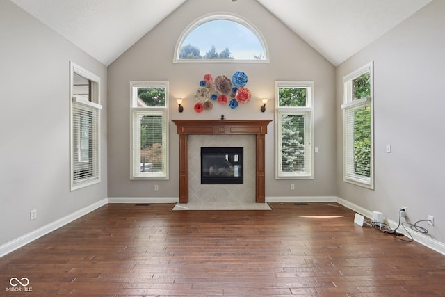 7927 Broadmead Way, Indianapolis, IN 46259 - unfurnished living room with hardwood / wood-style floors, a fireplace, and high vaulted ceiling