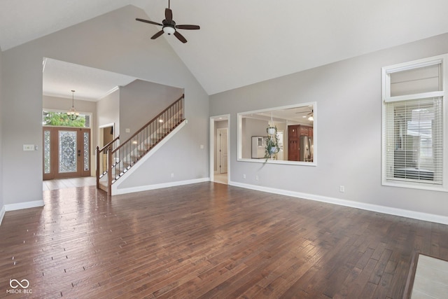 7927 Broadmead Way, Indianapolis, IN 46259 - unfurnished living room with a ceiling fan, stairway, high vaulted ceiling, wood finished floors, and a chandelier