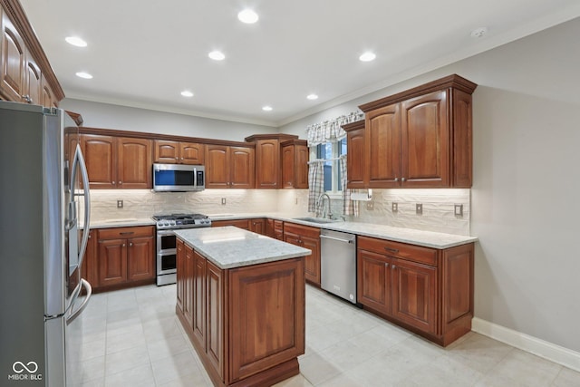7927 Broadmead Way, Indianapolis, IN 46259 - kitchen featuring stainless steel appliances, decorative backsplash, light stone countertops, recessed lighting, and crown molding