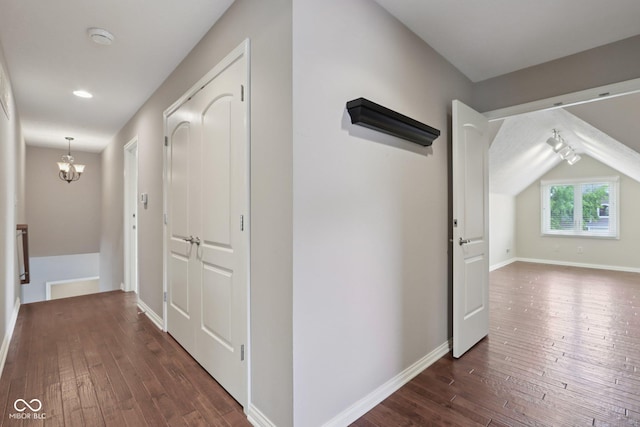 7927 Broadmead Way, Indianapolis, IN 46259 - hall with dark wood-style floors, a chandelier, recessed lighting, and lofted ceiling