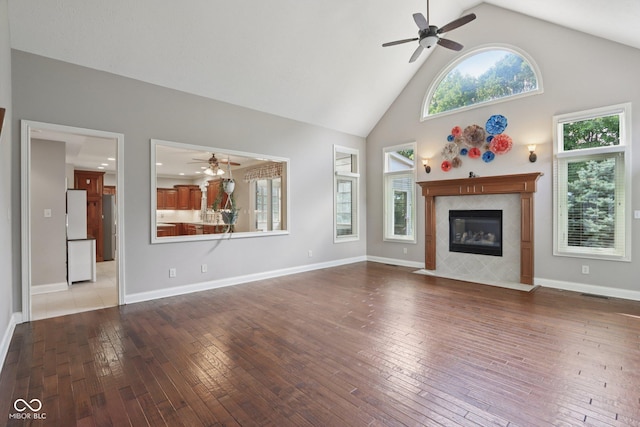 7927 Broadmead Way, Indianapolis, IN 46259 - unfurnished living room with a ceiling fan, wood-type flooring, a high end fireplace, and high vaulted ceiling
