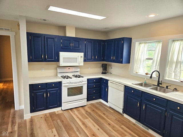 7422 S 575 W, Morgantown, IN 46160 - kitchen featuring white appliances, blue cabinets, light wood-type flooring, light countertops, and recessed lighting