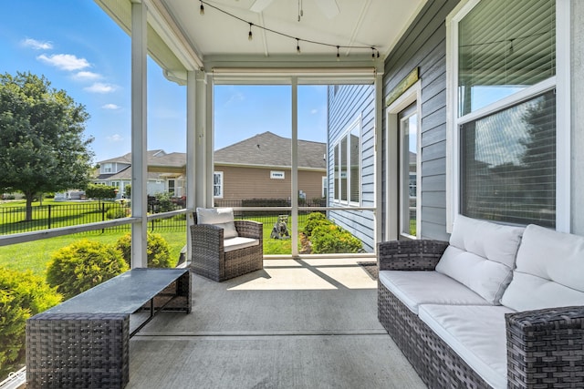 5875 Stroup Dr, Noblesville, IN 46062 - sunroom featuring ceiling fan, outdoor lounge area, and healthy amount of natural light