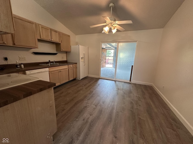 3708 Pleasant Creek Dr, Indianapolis, IN 46227 - kitchen with white appliances, dark countertops, lofted ceiling, dark wood finished floors, and ceiling fan