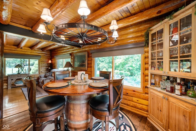 7813 W 50 S, Morgantown, IN 46160 - dining space featuring log walls, wood-type flooring, a wooden ceiling with exposed beams, and a chandelier