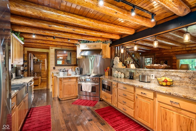 7813 W 50 S, Morgantown, IN 46160 - kitchen with appliances with stainless steel finishes, dark wood-type flooring, a wood ceiling with exposed beams, ventilation hood, and rustic walls