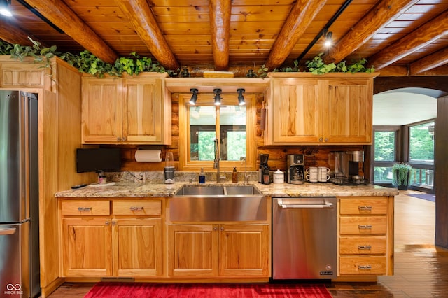 7813 W 50 S, Morgantown, IN 46160 - kitchen with appliances with stainless steel finishes, healthy amount of natural light, dark wood-type flooring, and a wooden ceiling with exposed beams