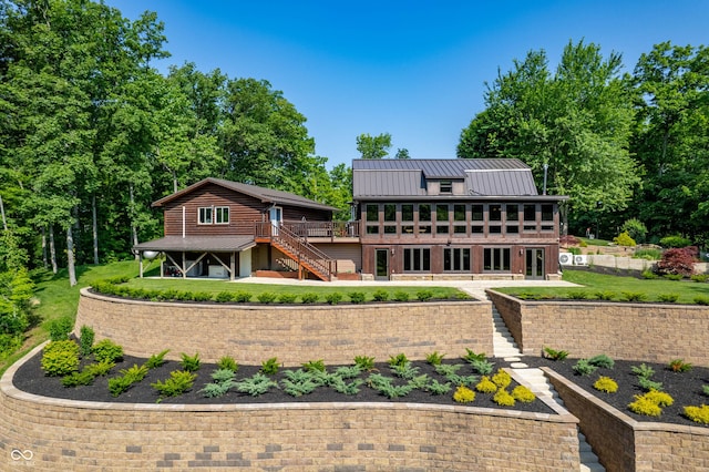 7813 W 50 S, Morgantown, IN 46160 - back of house with stairway, a deck, a metal roof, and a standing seam roof