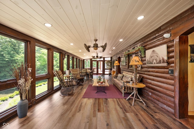 7813 W 50 S, Morgantown, IN 46160 - sunroom featuring recessed lighting, rustic walls, hardwood / wood-style floors, and wood ceiling