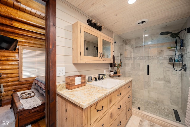 7813 W 50 S, Morgantown, IN 46160 - bathroom with rustic walls, vanity, a stall shower, ensuite bath, and wood ceiling