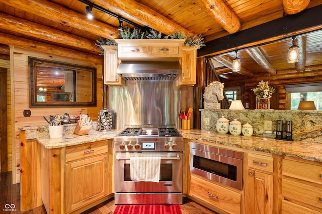7813 W 50 S, Morgantown, IN 46160 - kitchen with high end stove, ventilation hood, a wood ceiling with exposed beams, log walls, and wood finished floors