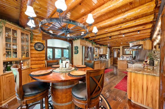 7813 W 50 S, Morgantown, IN 46160 - dining area featuring a chandelier, dark wood-style floors, a wood ceiling with exposed beams, and rustic walls