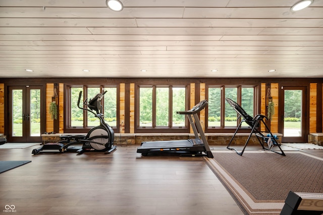 7813 W 50 S, Morgantown, IN 46160 - workout area featuring healthy amount of natural light, french doors, wood finished floors, recessed lighting, and wood walls