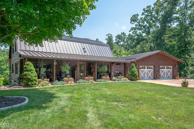 7813 W 50 S, Morgantown, IN 46160 - view of front of home featuring a standing seam roof, a front lawn, an attached garage, and log exterior