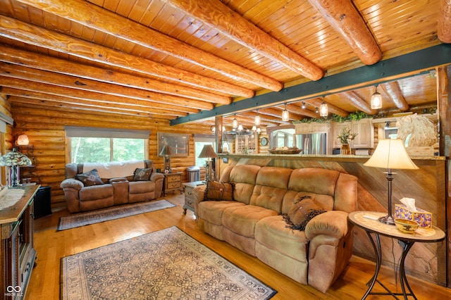 7813 W 50 S, Morgantown, IN 46160 - living room with wood-type flooring, a wood ceiling with exposed beams, and log walls
