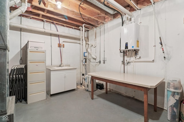 12068 Bayhill Dr, Carmel, IN 46033 - unfinished basement featuring tankless water heater and a sink