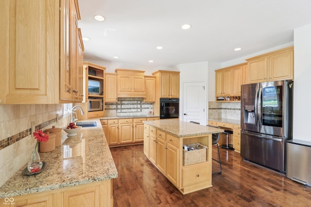 12068 Bayhill Dr, Carmel, IN 46033 - kitchen featuring black appliances, light brown cabinetry, backsplash, open shelves, and recessed lighting