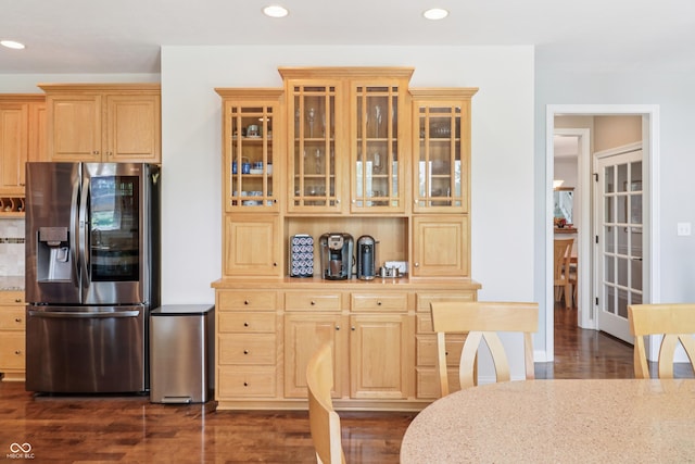 12068 Bayhill Dr, Carmel, IN 46033 - kitchen featuring stainless steel fridge with ice dispenser, recessed lighting, dark wood finished floors, and light brown cabinetry