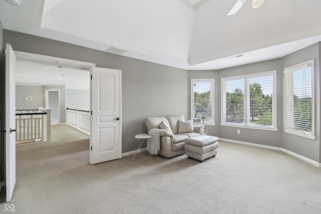 12068 Bayhill Dr, Carmel, IN 46033 - sitting room with light carpet, plenty of natural light, a ceiling fan, and an upstairs landing