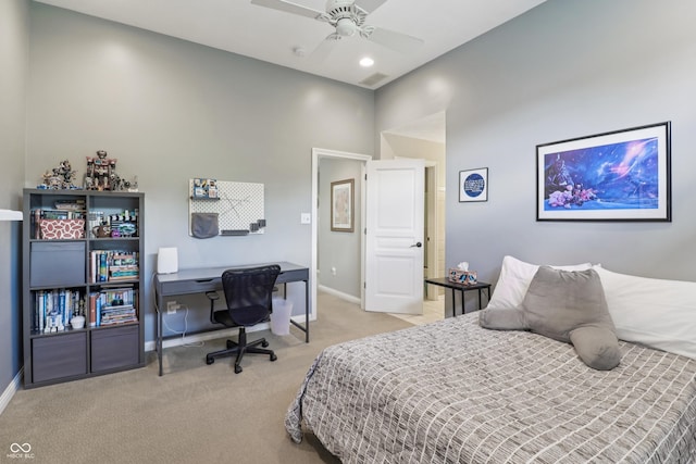 12068 Bayhill Dr, Carmel, IN 46033 - bedroom with light colored carpet, a desk, a high ceiling, and a ceiling fan