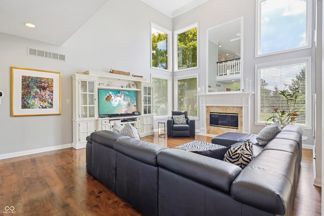 12068 Bayhill Dr, Carmel, IN 46033 - living area featuring a towering ceiling, a fireplace, wood finished floors, healthy amount of natural light, and recessed lighting