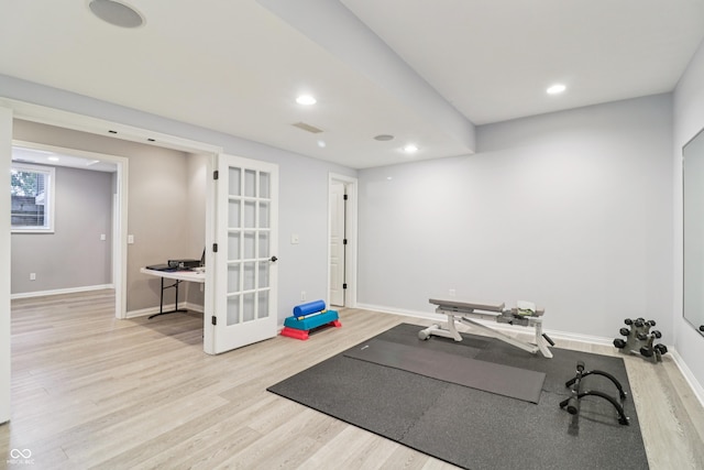 12068 Bayhill Dr, Carmel, IN 46033 - workout room with wood finished floors, recessed lighting, and french doors