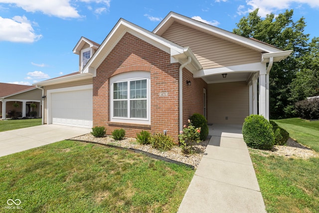 471 Harvest Moon Dr, Greencastle, IN 46135 - ranch-style house featuring brick siding, a garage, a front lawn, and driveway