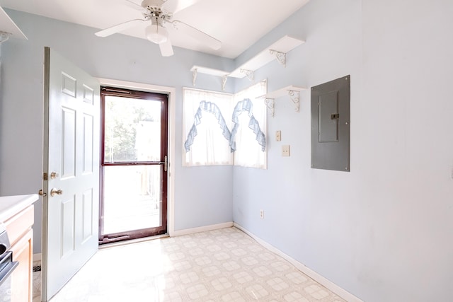 4729 Hittle Dr, Indianapolis, IN 46239 - unfurnished dining area featuring electric panel, tile patterned floors, and ceiling fan