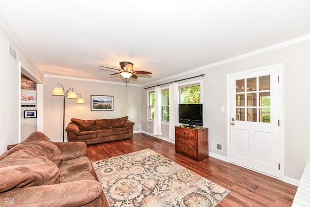 3012 Rollshore Ct, Carmel, IN 46033 - living room with crown molding, wood finished floors, and a ceiling fan