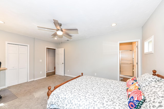 3012 Rollshore Ct, Carmel, IN 46033 - bedroom with recessed lighting, carpet flooring, a closet, ceiling fan, and ensuite bathroom