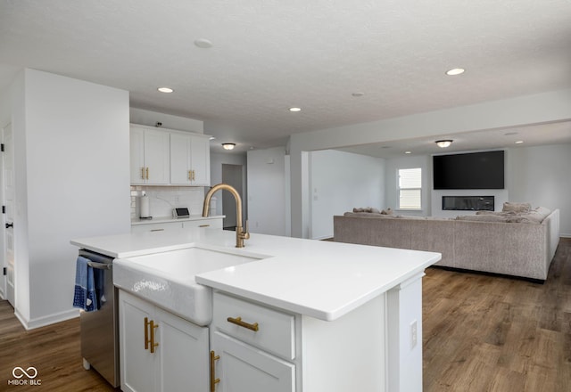 10524 Broadford St, Indianapolis, IN 46239 - kitchen featuring stainless steel dishwasher, dark wood-type flooring, light countertops, white cabinets, and decorative backsplash