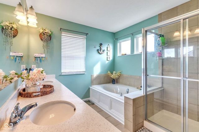 1358 Avocet Dr, Greenwood, IN 46143 - full bathroom featuring a bath, double vanity, a stall shower, and tile patterned flooring
