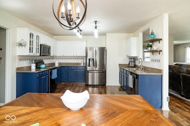 5322 Lily Pad Ln, Indianapolis, IN 46237 - kitchen featuring stainless steel refrigerator with ice dispenser, black range with electric cooktop, blue cabinets, dishwasher, and white cabinets
