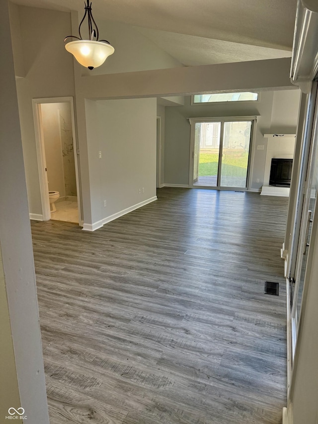 4024 Zinfandel Way, Indianapolis, IN 46254 - empty room featuring vaulted ceiling, wood finished floors, and a fireplace with raised hearth