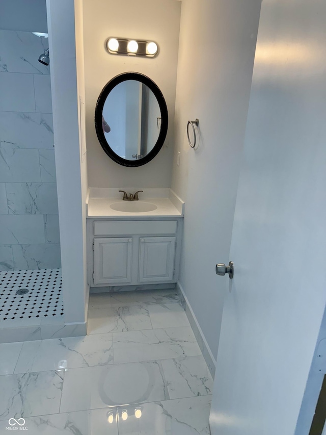 4024 Zinfandel Way, Indianapolis, IN 46254 - full bathroom with marble look tiles, a stall shower, and vanity