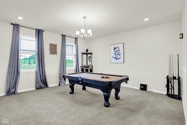 2738 Pointe Club Rd, Indianapolis, IN 46229 - game room with carpet floors, a chandelier, billiards table, and recessed lighting
