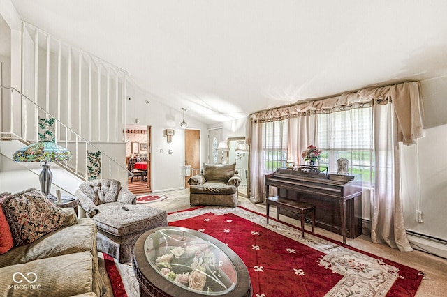 6241 S Meridian St, Indianapolis, IN 46217 - carpeted living area featuring stairway and vaulted ceiling