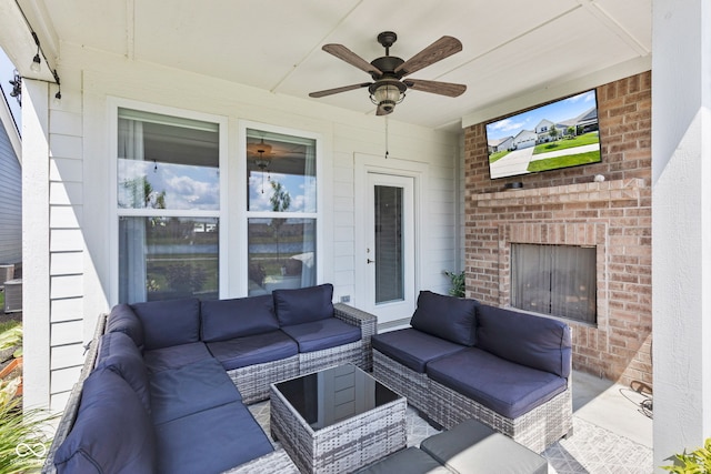 19677 Sumrall Pl, Westfield, IN 46074 - view of patio featuring an outdoor living space with a fireplace and ceiling fan