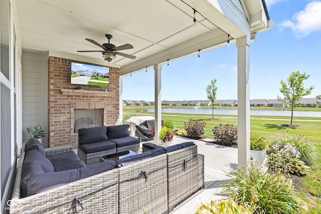 19677 Sumrall Pl, Westfield, IN 46074 - view of patio with an outdoor living space with a fireplace, a residential view, and a ceiling fan