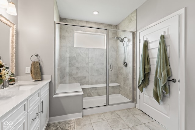 19677 Sumrall Pl, Westfield, IN 46074 - full bathroom with vanity, a stall shower, and tile patterned floors