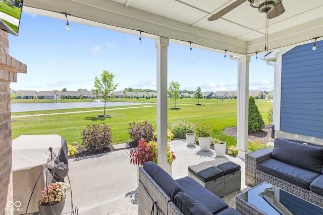 19677 Sumrall Pl, Westfield, IN 46074 - view of patio featuring ceiling fan, a water view, an outdoor living space, area for grilling, and a residential view