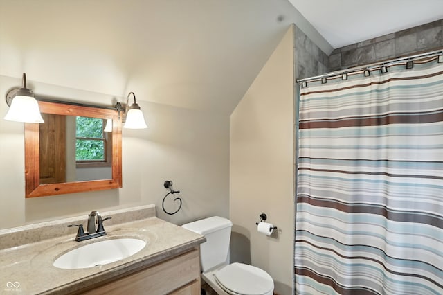 7563 Grizzly Dr, Nineveh, IN 46164 - bathroom with vanity, vaulted ceiling, and curtained shower