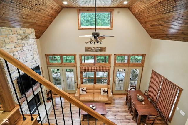 7563 Grizzly Dr, Nineveh, IN 46164 - living room with wood-type flooring, high vaulted ceiling, ceiling fan, wood ceiling, and french doors