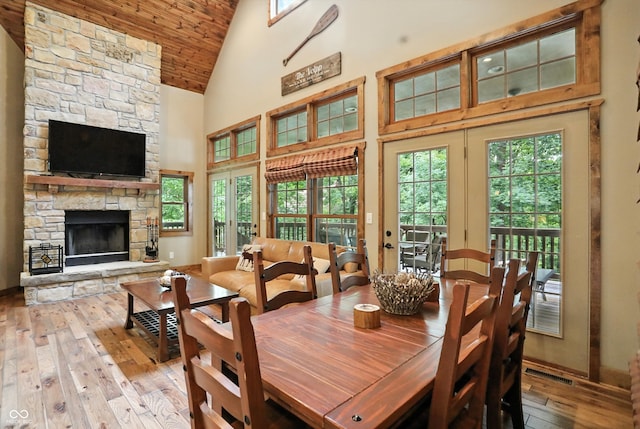 7563 Grizzly Dr, Nineveh, IN 46164 - dining room with high vaulted ceiling, hardwood / wood-style flooring, healthy amount of natural light, a fireplace, and wooden ceiling