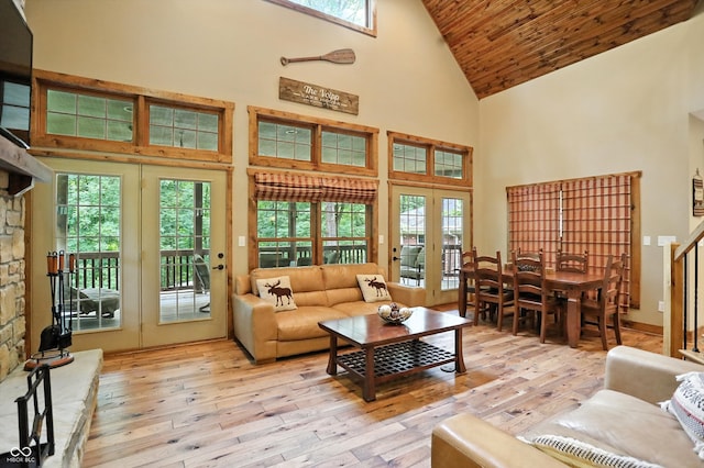7563 Grizzly Dr, Nineveh, IN 46164 - living area featuring high vaulted ceiling, light wood finished floors, wooden ceiling, french doors, and stairway