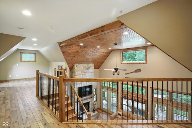 7563 Grizzly Dr, Nineveh, IN 46164 - bonus room featuring a ceiling fan, hardwood / wood-style flooring, lofted ceiling, and recessed lighting