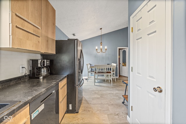 3914 Chenango Pl, West Lafayette, IN 47906 - kitchen with lofted ceiling, dishwasher, a textured ceiling, dark countertops, and a chandelier