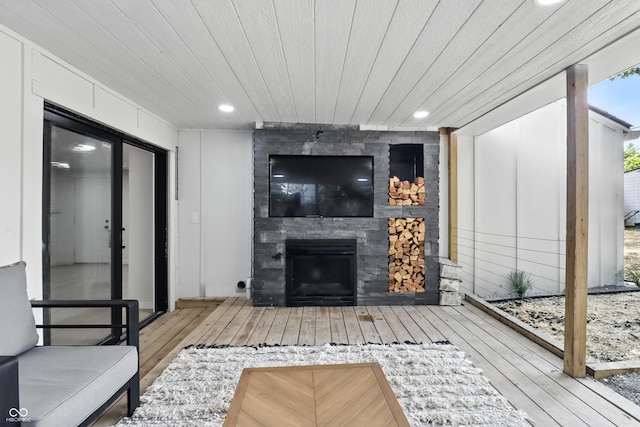 8138 Harrison Dr, Lawrence, IN 46226 - living room with wood-type flooring, a fireplace, recessed lighting, and wood ceiling