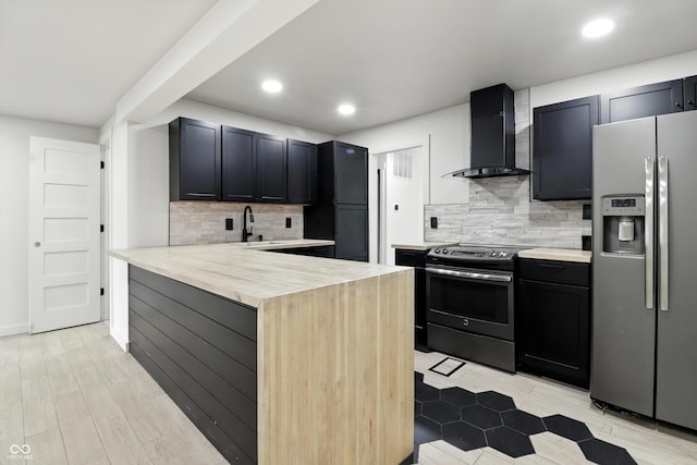 8138 Harrison Dr, Lawrence, IN 46226 - kitchen featuring stainless steel appliances, wall chimney range hood, tasteful backsplash, a peninsula, and recessed lighting